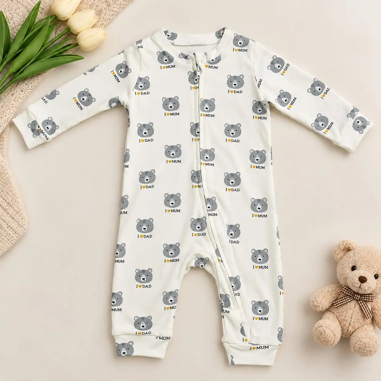 Mothercare - Grey Bear Print Baby Romper
