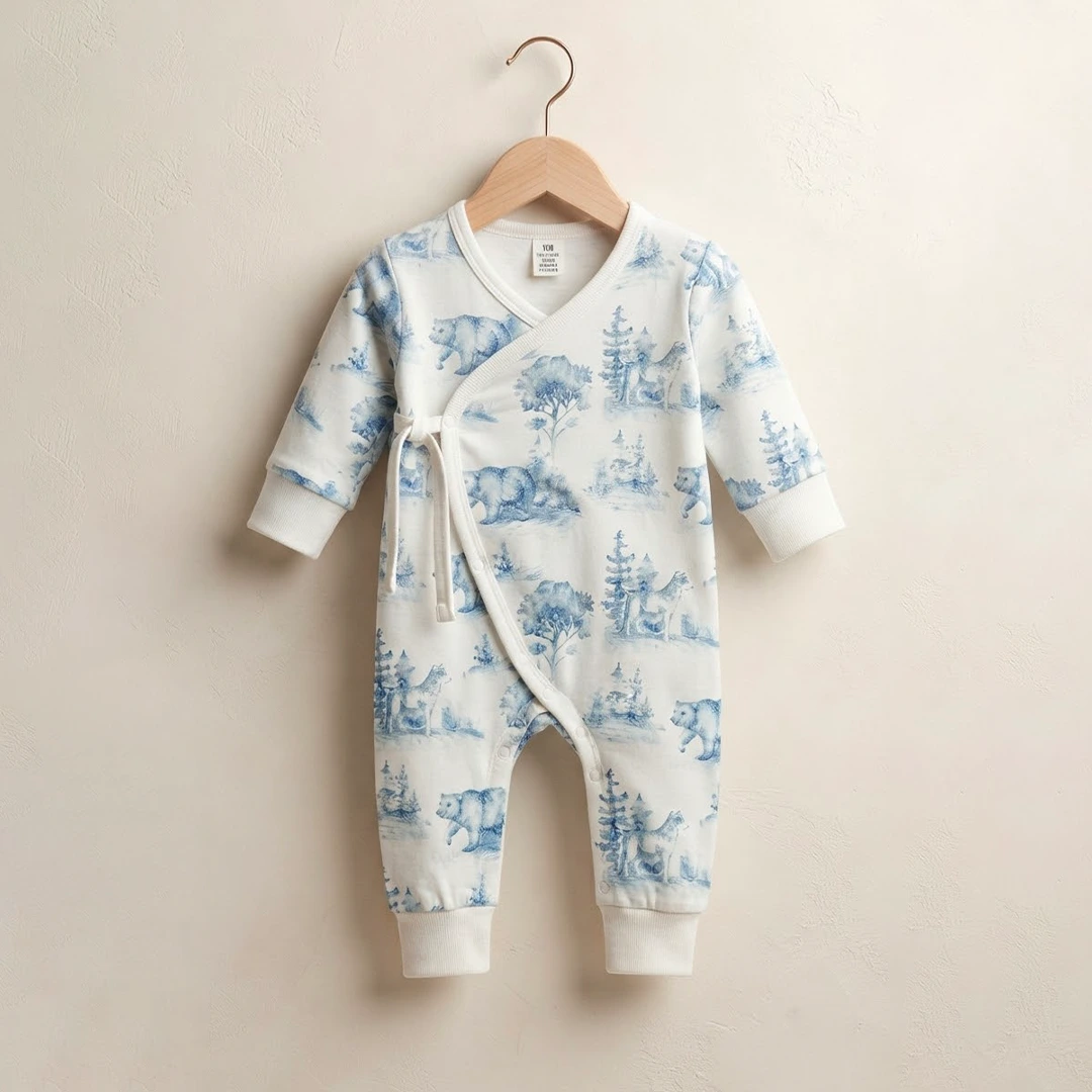 Woodland Bear Print Kimono Baby Romper